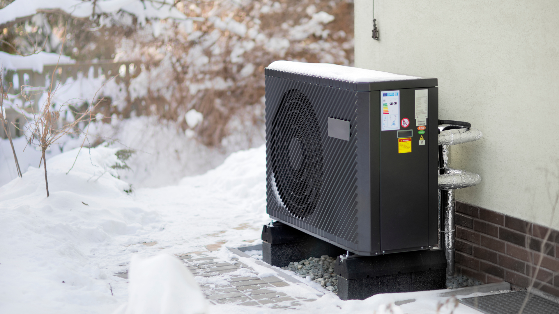 Air source heat pump in winter conditions snow cold white trees